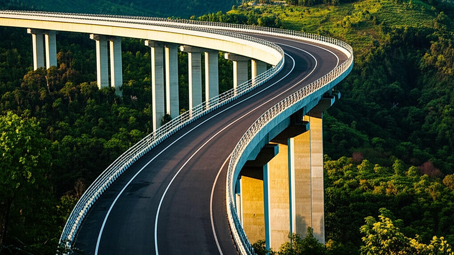 Detailed architectural photograph of a newly constructed section of the Rymbai-Jalalpur Batot Road in Meghalaya, Northeast India. Focus on a gracefully curved elevated highway section, showcasing modern bridge supports and smooth asphalt. The setting is lush, rolling hills of Meghalaya with dense green vegetation visible in the background. Capture during the late golden hour, with warm, diffused sunlight casting long shadows and highlighting the texture of the road surface and concrete. Professional architectural photography style with a wide-angle lens, emphasizing depth and perspective. Focus on crisp details, vibrant colors, and a sense of scale, emphasizing the road's integration with the landscape.. Professional architectural photography, ultra-high quality, sharp focus, vivid colors, dramatic lighting, golden hour, cinematic composition, 8K UHD, photorealistic.