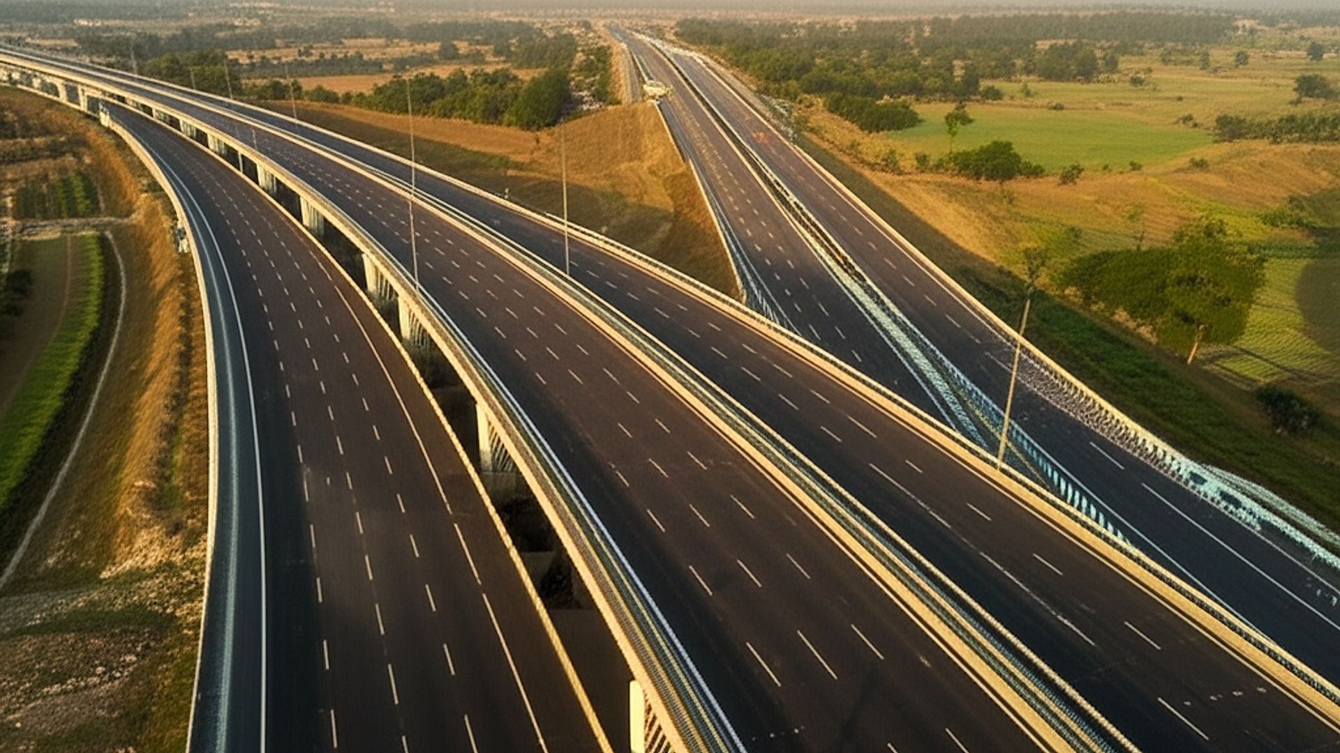 Architectural photograph showcasing the NH-105 four-lane expressway Pinjore section. Capture a sweeping view of the highway as it traverses the landscape of Haryana and Himachal Pradesh. Golden hour lighting with long shadows accentuating the road's design. Focus on the smooth asphalt, clear lane markings, modern overpasses, and supporting infrastructure. Wide-angle lens emphasizing the scale and integration of the highway within the natural environment. Sharp focus, minimal distortion, professional grade equipment. Aim for a portfolio-quality image highlighting the project's scope and engineering.. Professional architectural photography, ultra-high quality, sharp focus, vivid colors, dramatic lighting, golden hour, cinematic composition, 8K UHD, photorealistic.