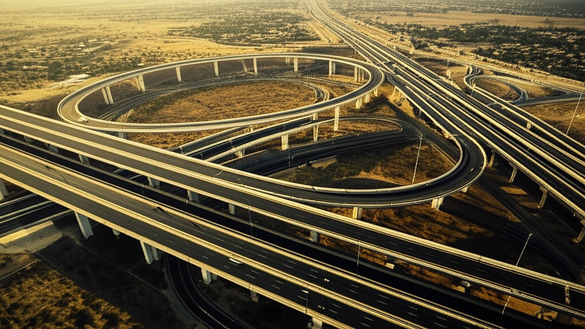Architectural photograph of the NH-116 Interchange on the 8-lane highway in Rajasthan. Focus on the elevated interchange structure with sweeping curves and multiple levels. Capture the surrounding arid landscape with sparse vegetation under a clear, bright sky. Golden hour lighting, late afternoon, creating long shadows and highlighting the textures of the concrete and asphalt. Professional architectural photography style, emphasizing clean lines, geometric forms, and a sense of scale. Use a wide-angle lens to capture the full scope of the interchange and its connection to the highway network.. Professional architectural photography, ultra-high quality, sharp focus, vivid colors, dramatic lighting, golden hour, cinematic composition, 8K UHD, photorealistic.