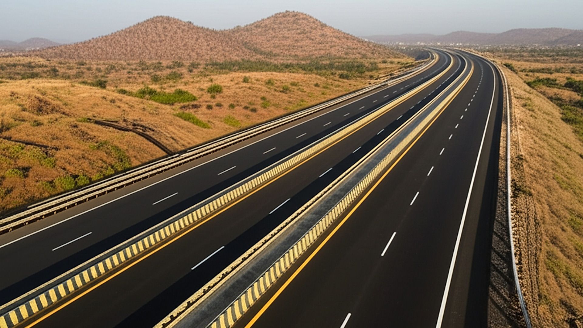 Architectural photograph of the NH-544G six-lane access-controlled greenfield highway in Andhra Pradesh. Focus on a sweeping section of the highway, showcasing its smooth asphalt, lane markings, and concrete barriers. Capture the surrounding Andhra Pradesh landscape with rolling hills and sparse vegetation. Shoot during the golden hour, late afternoon, with warm, diffused light creating long shadows and highlighting the texture of the road surface. Emphasize depth of field and geometric lines. Professional, high-resolution, for architectural portfolio use.. Professional architectural photography, ultra-high quality, sharp focus, vivid colors, dramatic lighting, golden hour, cinematic composition, 8K UHD, photorealistic.