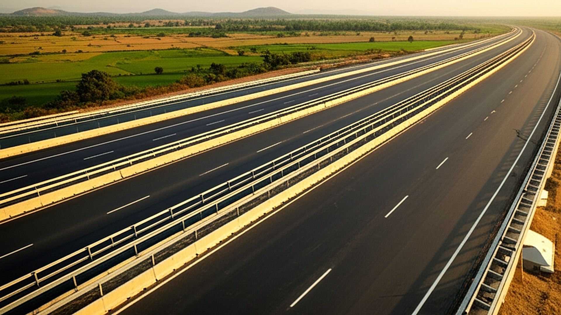 Architectural photograph showcasing the newly constructed NH-67 four-lane expressway in Andhra Pradesh. Capture a long, sweeping section of the highway, emphasizing the smooth asphalt surface, clearly defined lane markings, and robust concrete barriers. Frame the shot with the surrounding rural landscape of Andhra Pradesh, featuring fields or distant hills. Shoot during the golden hour (either sunrise or sunset) to capture warm, directional light casting long shadows and highlighting the texture of the infrastructure. Employ a professional, wide-angle lens to convey the scale and scope of the project, with sharp focus across the entire frame.. Professional architectural photography, ultra-high quality, sharp focus, vivid colors, dramatic lighting, golden hour, cinematic composition, 8K UHD, photorealistic.