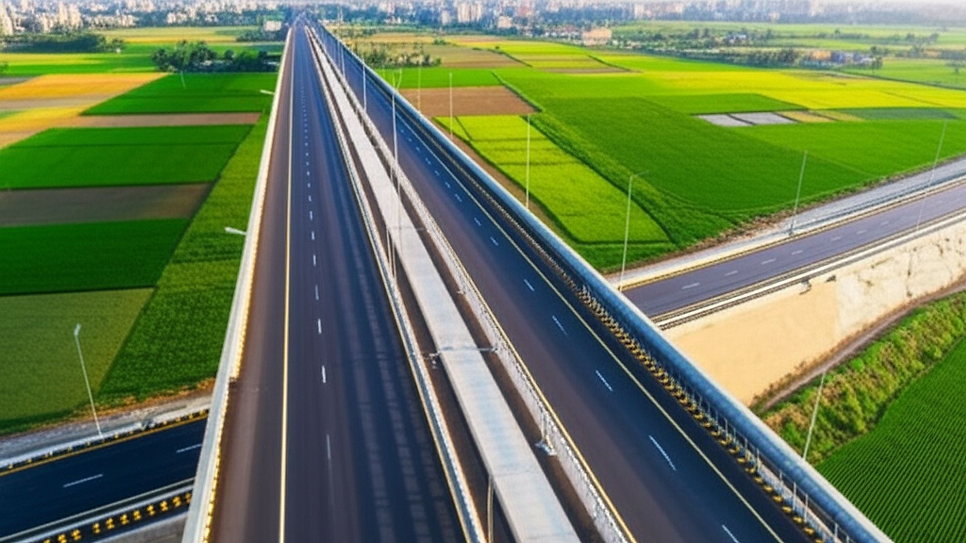 Architectural photograph of the improved NH-734 expressway near PIU Moradabad. Focus on a newly constructed overpass or section of elevated highway, showcasing smooth asphalt, clear lane markings, and modern guardrails. The setting includes surrounding agricultural fields transitioning to a distant cityscape. Capture during golden hour (early morning or late afternoon) with warm, directional light highlighting the texture of the road surface and casting long shadows. Employ a wide-angle lens to emphasize scale and perspective. Professional, high-resolution, emphasizing clarity and detail, suitable for a portfolio website.. Professional architectural photography, ultra-high quality, sharp focus, vivid colors, dramatic lighting, golden hour, cinematic composition, 8K UHD, photorealistic.