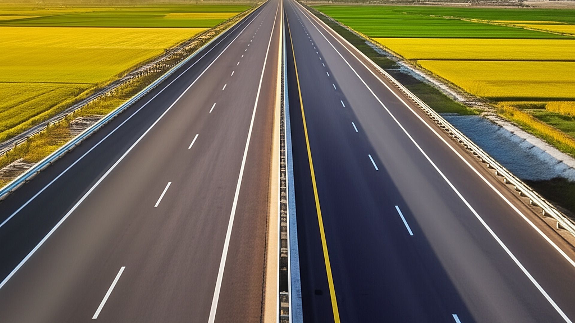 Architectural photograph of the NH-754AD (6-lane expressway) in Punjab, India. Wide, sweeping view emphasizing the scale and smooth asphalt of the newly constructed highway. Golden hour lighting (shortly after sunrise) with soft, warm sunlight casting long shadows. Focus on the road markings and the clean lines of the infrastructure. Rolling agricultural fields in the background, typical of the Punjab landscape. Crisp, sharp details, professional architectural photography style with minimal distortion, showcasing the quality of construction and integration with the surrounding environment. Emphasis on conveying a sense of progress and modernity.. Professional architectural photography, ultra-high quality, sharp focus, vivid colors, dramatic lighting, golden hour, cinematic composition, 8K UHD, photorealistic.