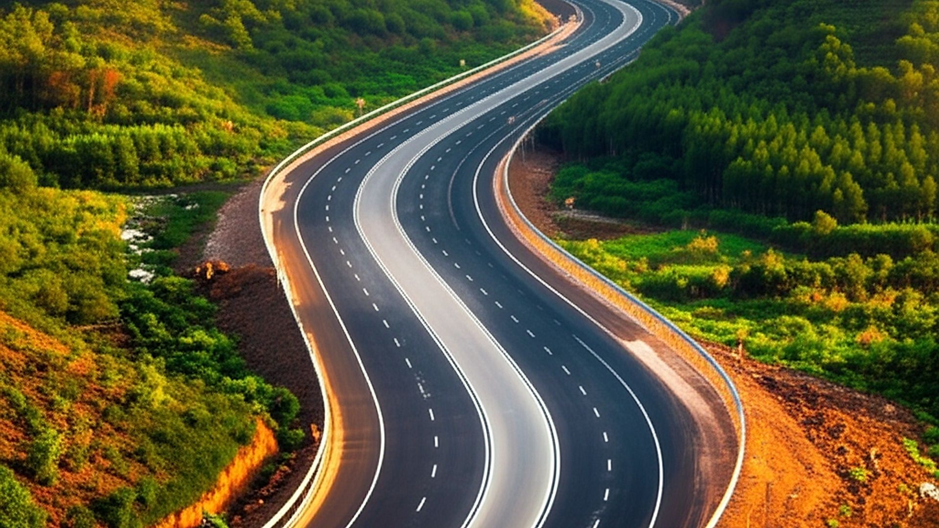 Architectural photograph of the NH-965DD highway upgradation project in rural Maharashtra, India. Focus on a newly constructed section of the two-lane highway winding through rolling hills and lush greenery. Capture the highway's smooth asphalt surface, clear lane markings, and modern signage. Golden hour lighting, soft and warm, illuminating the landscape and casting long shadows. Professional, high-resolution photography, showcasing clean lines, sharp details, and a wide-angle perspective emphasizing the scale and integration of the infrastructure within the natural environment.. Professional architectural photography, ultra-high quality, sharp focus, vivid colors, dramatic lighting, golden hour, cinematic composition, 8K UHD, photorealistic.