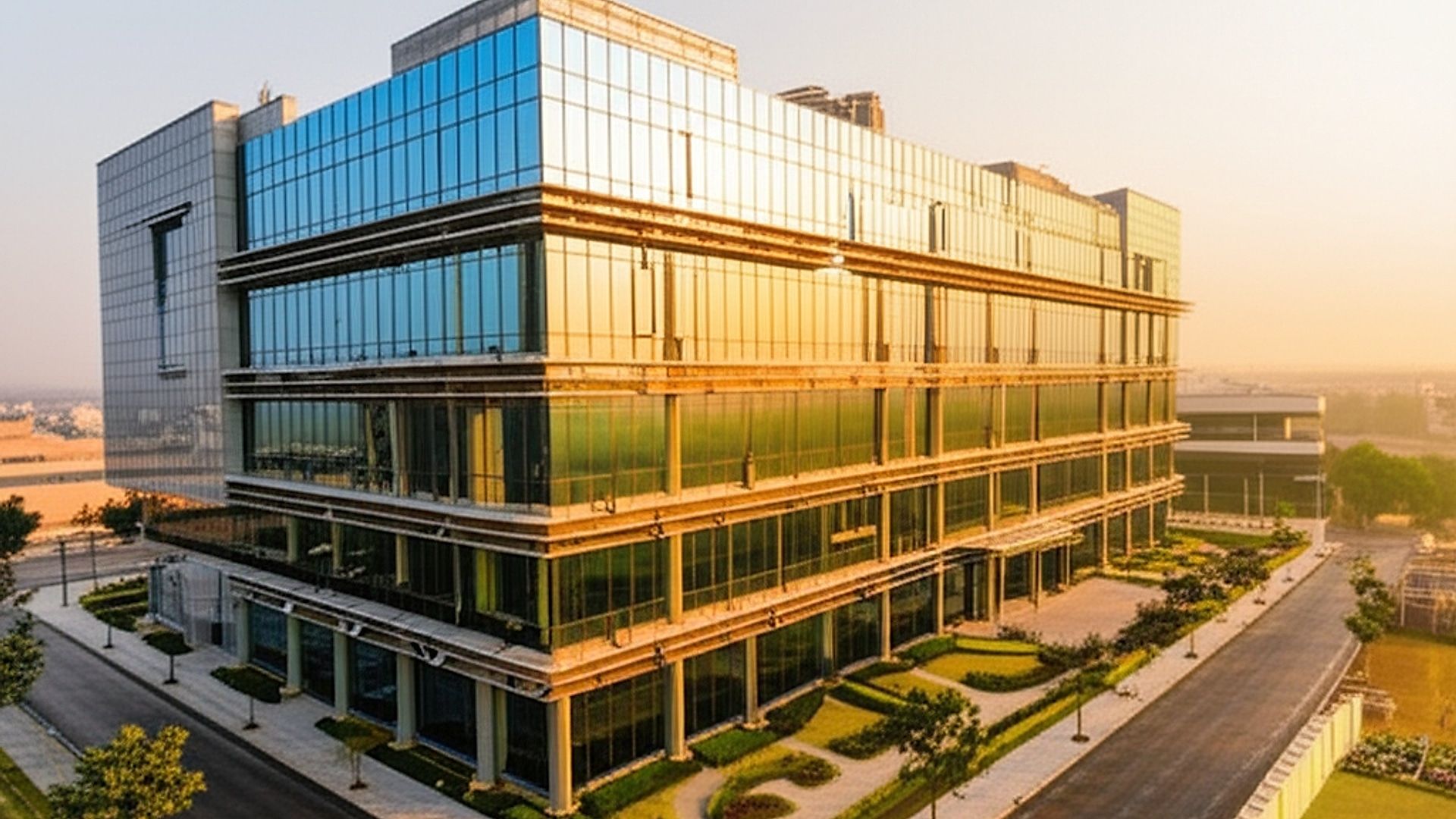 Architectural photograph of the newly constructed Head Office of the Project Supervision Services Agency for the Noida-Roorkee Railway. Modern glass and steel building with clean lines. Located in a landscaped corporate park in Noida, India. Golden hour lighting, with warm sunlight reflecting off the glass facade and casting long shadows. Shot with a medium format camera, emphasizing sharp details and a wide dynamic range. Focus on architectural detail, symmetry, and the integration of the building with its environment. Professional, clean, and portfolio-worthy image.. Professional architectural photography, ultra-high quality, sharp focus, vivid colors, dramatic lighting, golden hour, cinematic composition, 8K UHD, photorealistic.