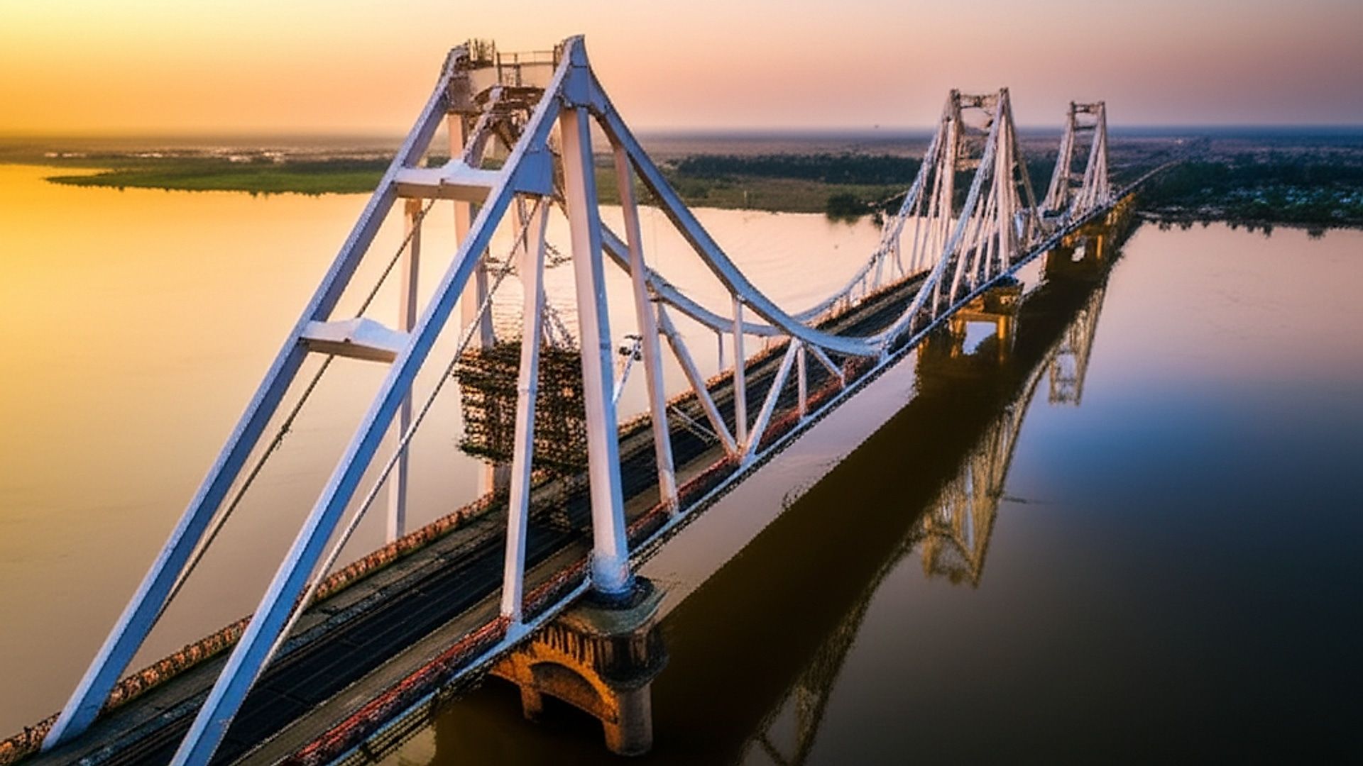 High-resolution architectural photograph of the Old Mahatma Gandhi Setu steel bridge in Samastipur, Bihar, India. Capture the bridge's span and steel superstructure prominently, showcasing ongoing maintenance or construction work. Focus on details such as scaffolding, workers (if safe and appropriate), and structural elements. Golden hour lighting (either sunrise or sunset) with warm, diffused light illuminating the bridge and reflecting on the Ganges River below. Emphasize depth of field and sharp focus, conveying the scale and complexity of the structure. A slightly elevated perspective highlighting the bridge’s connection to the landscape.. Professional architectural photography, ultra-high quality, sharp focus, vivid colors, dramatic lighting, golden hour, cinematic composition, 8K UHD, photorealistic.